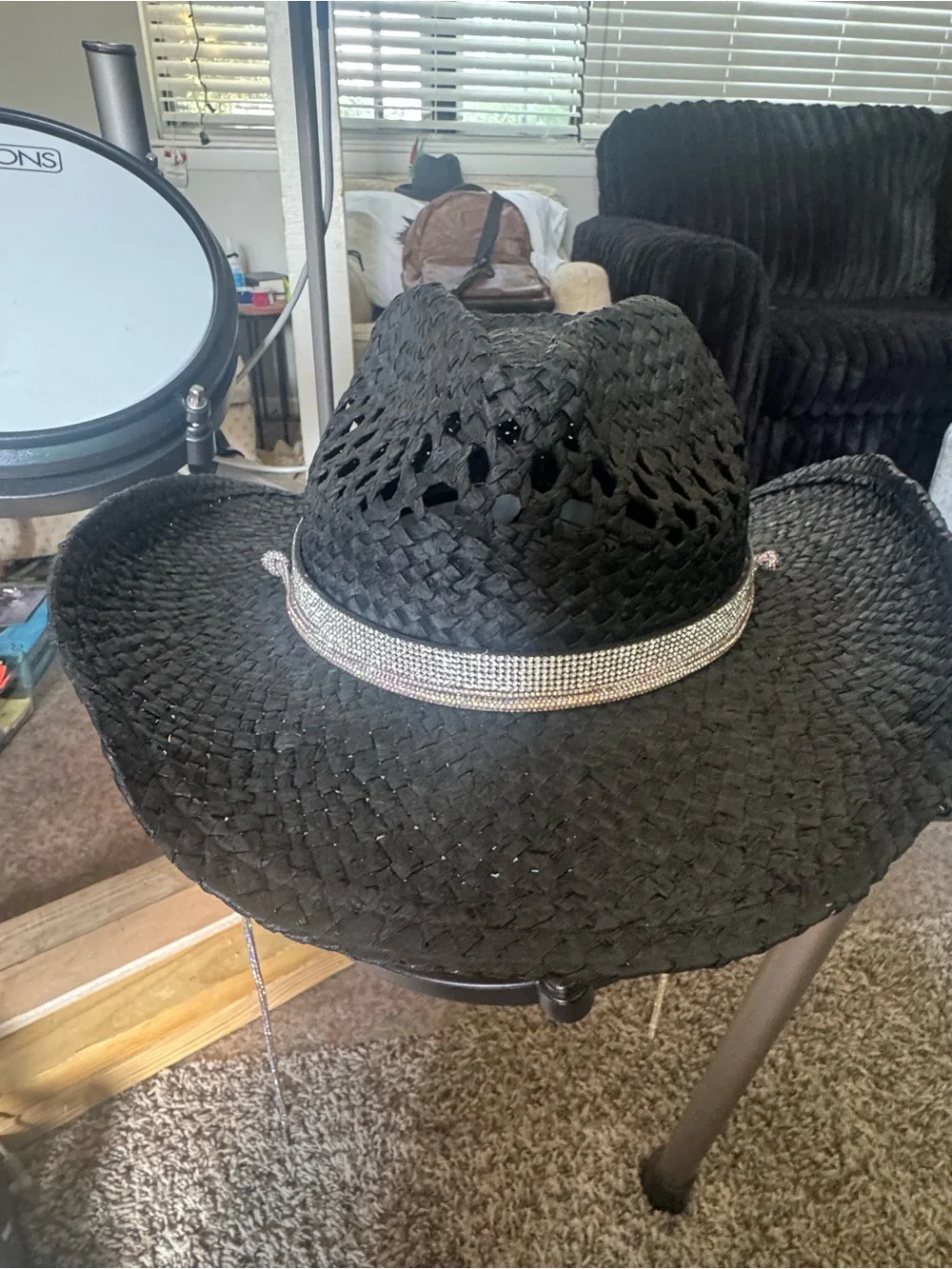 Black Straw Cowboy Hat with Rhinestone Band
